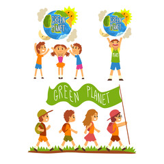 Fototapeta premium Green Planet and kids, save the planet, ecology concept vector Illustration on a white background