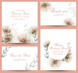 Watercolor flowers blossom card set Vector. Vintage greeting cards, wedding invitation, thank you postcard. Summer floral decoration bouquets