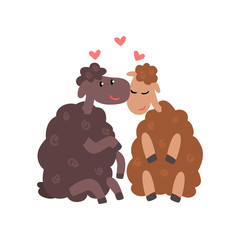 Couple of cute sheep in love embracing each other, two happy  aniimals hugging with hearts over their head vector Illustration on a white background
