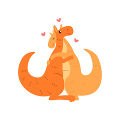 Couple of cute kangaroos in love embracing each other, two happy aniimals hugging with hearts over their head vector Illustration on a white background.