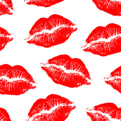 Vector seamless pattern with red lip imprints isolated on white background.
