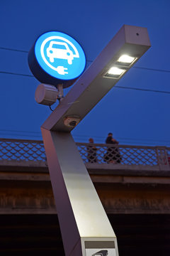 Fragment of electrogas station (EZS) for electric vehicles against the background of the evening sky. Kaliningrad, Moskovsky Avenue