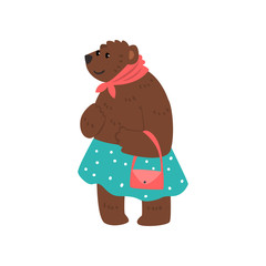 Humanized female bear character dressed in human clothes standing with bag cartoon vector Illustration on a white background