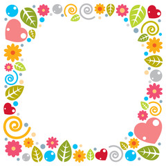 Nice childish frame of flowers, hearts and leaves, vector design.