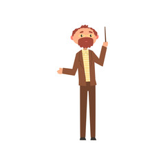 Middle aged professor standing with pointer, school teacher cartoon vector Illustration on a white background