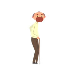 Senior man, grandfather standing with cane cartoon vector Illustration on a white background