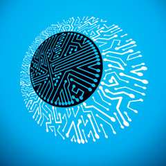 Technology communication round cybernetic element. Vector abstract illustration of circuit board.