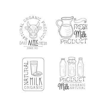 Vector set of monochrome logos for milk production business. Labels with cow head, jug, glass with cookies and bottles. Fresh product
