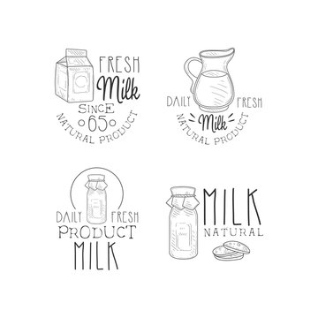 Vector set of hand drawn logos for milk production industry. Original monochrome emblems for dairy products