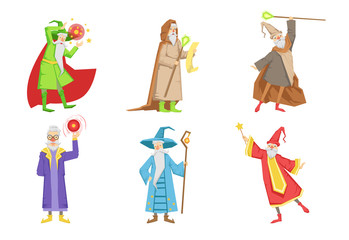 Flat vector set of gray-bearded wizards. Cartoon characters of old men s with magical powers. Elements for mobile game or children book