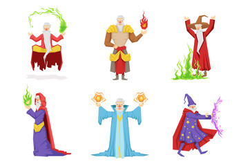 Flat vector set of fantasy wizards from children fairy tales. Old gray-bearded men s in different actions