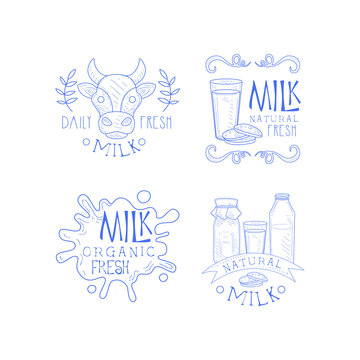 Vector set of sketch labels for dairy production business. Monochrome emblems with cow head, milk splashes, bottles and glass with cookies