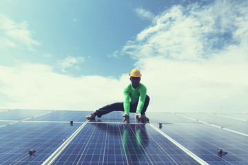 engineer team working on replacement solar panel in solar power plant;engineer and electrician team swapping and install solar panel after solar panel voltage drop