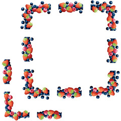 Composite frame of berries. Brush of berries. A set of fruit in the form of a frame. Multicolored berries. Exotic collapsible frame for portraits. Vector illustration EPS 10