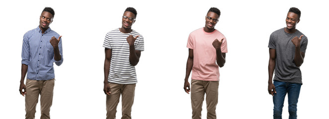 Collage of african american man wearing different outfits smiling with happy face looking and pointing to the side with thumb up.