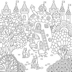 Fantasy town. Fairytale mushroom house, magic heart shaped trees and cats. Coloring page. Colouring picture. Coloring book. Freehand sketch drawing. Vector illustration.
