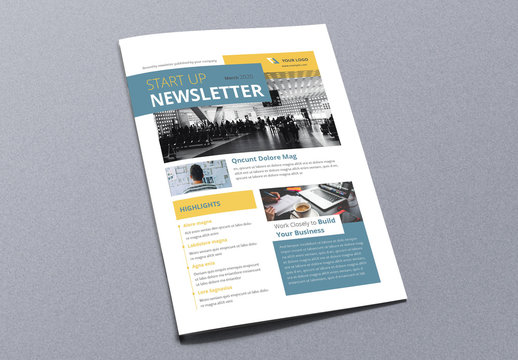 Newsletter Layout with Yellow and Blue Accents