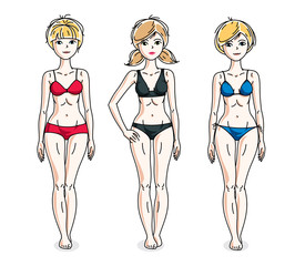 Young beautiful women standing wearing colorful bikini. Vector diversity people illustrations set.