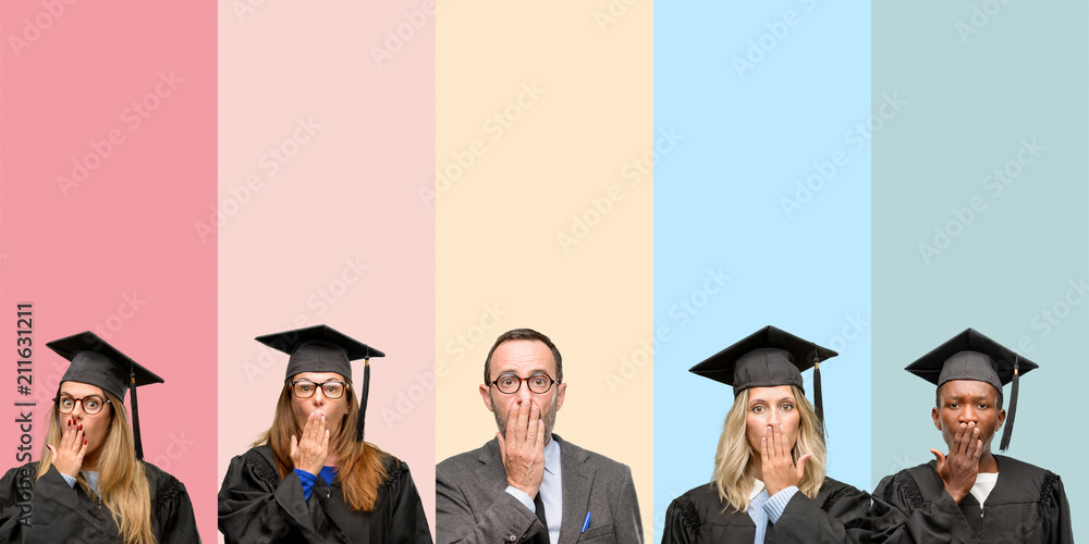 Poster Senior teacher with his graduate students covers mouth in shock, looks shy, expressing silence and mistake concepts, scared