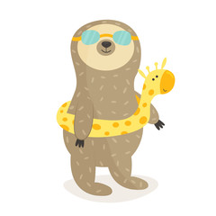 Funny sloth going to swim. Summertime design