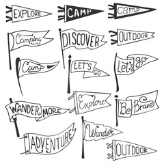 Fototapeta premium Set of adventure, outdoors, camping pennants. Retro monochrome labels. Hand drawn wanderlust style. Pennant travel flags design