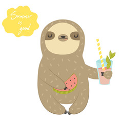Funny Sloth with cocktail and watermelon