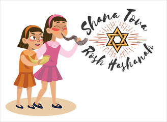 Girls blowing Shofar horn for the Jewish New Year, Rosh Hashanah holiday, judaism religion vector illustration with logo and greeting card lettering design for banner