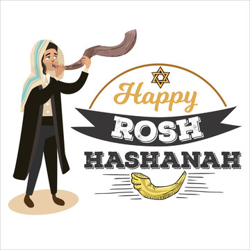 Man blowing Shofar horn for the Jewish New Year, Rosh Hashanah holiday, judaism religion vector illustration with logo and greeting card lettering design for banner