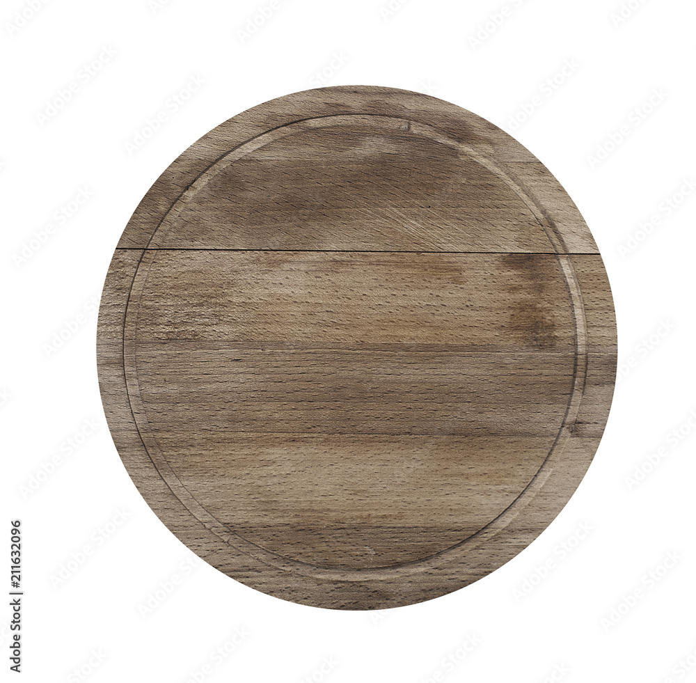 Wall mural wooden round cutting board on white isolated background. the view from the top.