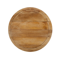 Wooden round cutting Board on white isolated background. The view from the top.