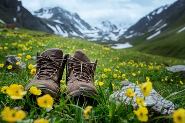 Tuinposter Pair of hiking boots lying in the grass © Li Ding