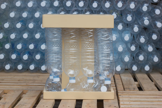 Plastic bottles, Concept of recycling Empty used plastic bottles plastic bottles not used as artificial chairs.