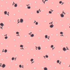 Repeated round spots and flowers with leaves drawn by hand. Girly floral seamless pattern. Sketch, doodle, scribble.