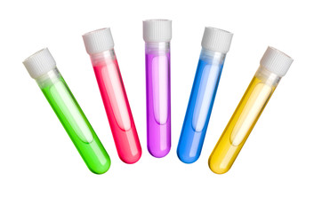 a tube with a stopper and a colored liquid inside isolated on white