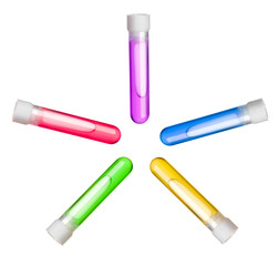 a tube with a stopper and a colored liquid inside isolated on white