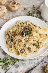 Fetuchini alfredo with mushrooms and chicken ham in creamy cheese sauce