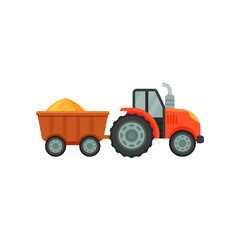 Farm tractor loaded with wheat, stage of bread production process on a white background