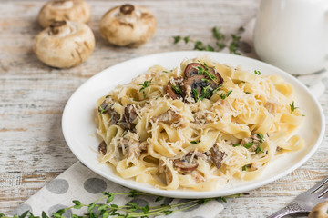 Fetuchini alfredo with mushrooms and chicken ham in creamy cheese sauce