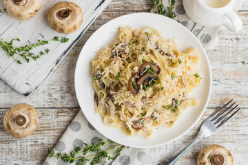 Fetuchini alfredo with mushrooms and chicken ham in creamy cheese sauce
