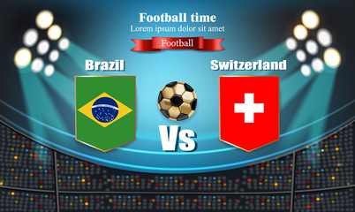 Football board Brazil flag VS Switzerland. 2018 World championship template match. teams soccer national flags. red and blue trend sport backgrounds - obrazy, fototapety, plakaty