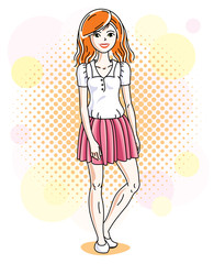 Attractive redhead woman posing on colorful backdrop with bubbles and circles and wearing casual clothes. Vector nice lady illustration.