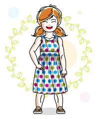 Little red-haired cute girl standing on spring eco background with leaves. Illustration of vector attractive kid wearing casual clothes.