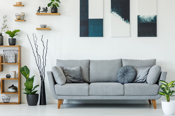 Real photo of a grey couch with pillows standing next to wooden shelves with plants and ornaments and wall with paintings in living room interior