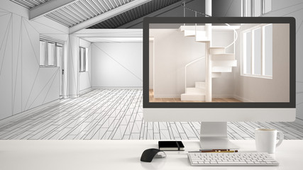 Architect house project concept, desktop computer on white work desk showing minimalistic unfurnished empty space, CAD sketch interior design in the background