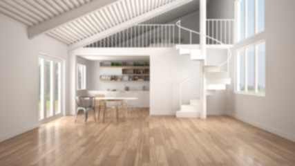 Blur background, minimalist open space, white kitchen with mezzanine and modern spiral staircase, loft with bedroom, concept interior design background, architect designer idea - obrazy, fototapety, plakaty