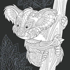 Koala bear in black and white line art style. Coloring page.