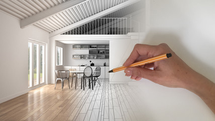 Architect interior designer concept: hand drawing a design interior project and writing notes, while the space becomes real, white wooden modern open space with mezzanine and kitchen