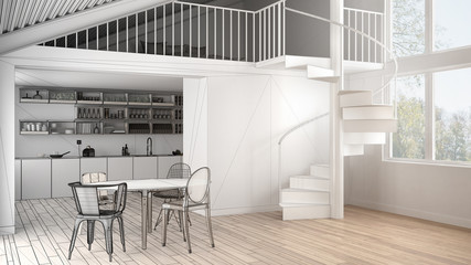 Unfinished project of minimalist white kitchen with mezzanine and modern spiral staircase, loft with bedroom, concept interior design background, architect designer idea