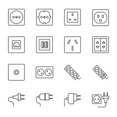 Sockets and plugs vector icons set outline style
