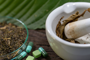 Science Research leaves of Mitragyna speciosa (kratom), Science Research drug plant with pills Chemical analysis in Lab.